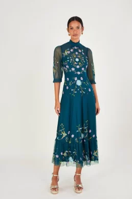 Monsoon Francesca embroidered midi dress blue multi