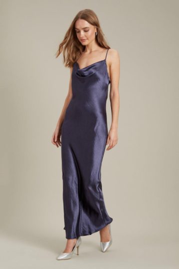 Dorothy Perkins Satin Maxi Tie Back Slip Bridesmaid Dress Navy Blue