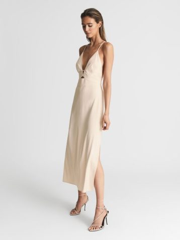 Reiss Ellis Plunge Bodycon Midi Dress Nude