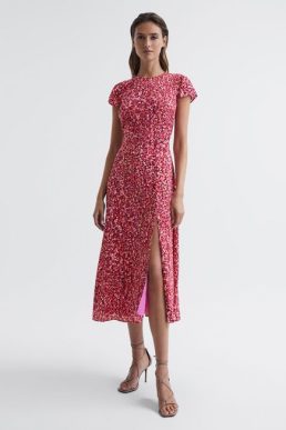 Reiss Livia Printed Cut-Out Back Midi Dress Pink Multi