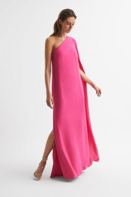 Reiss Nina Cape One Shoulder Maxi Dress Pink