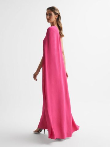 Reiss Nina Cape One Shoulder Maxi Dress Pink