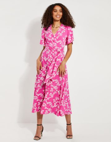 Threadbare Pink Floral Print Midi Dress Pink White