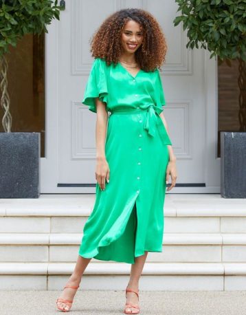 Threadbare Women's Green Satin Button Down Midi Dress