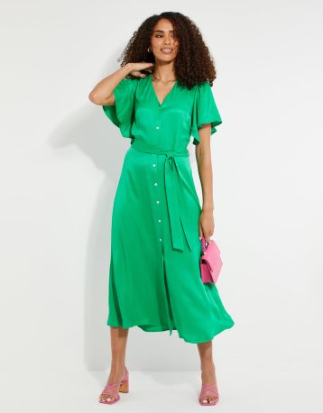 Threadbare Women's Green Satin Button Down Midi Dress