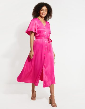 Threadbare Women's Pink Satin Button Down Midi Dress