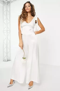 Topshop bridal bow tie shoulder palazzo satin jumpsuit in ivory