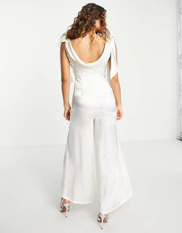 Topshop bridal bow tie shoulder palazzo satin jumpsuit in ivory