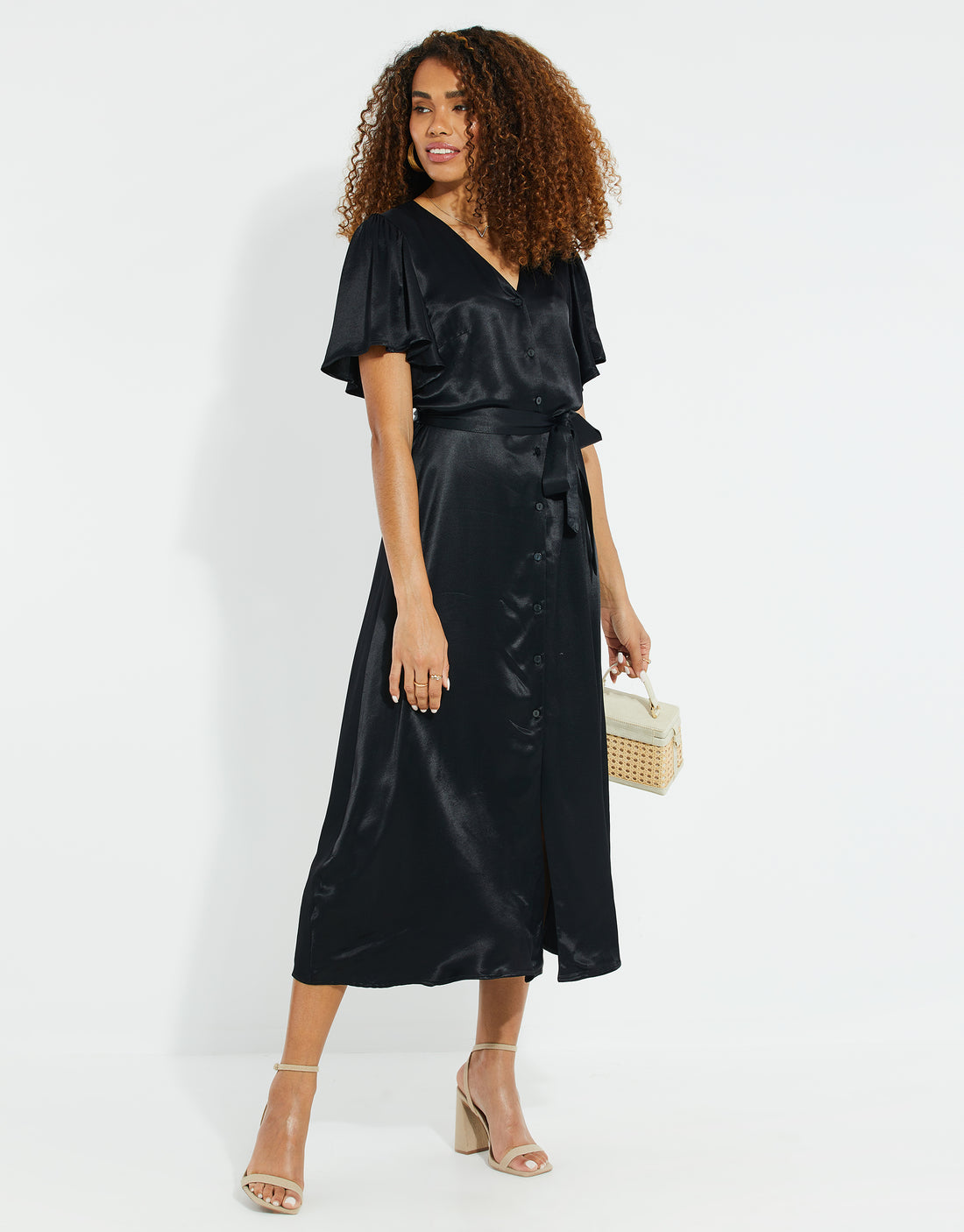 Black Satin Button Down Midi Dress £44.99