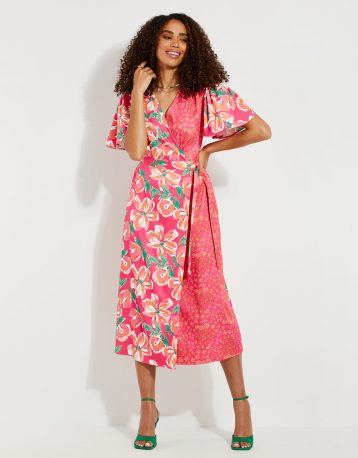 Threadbare Pink Floral Satin Wrap Dress Multi