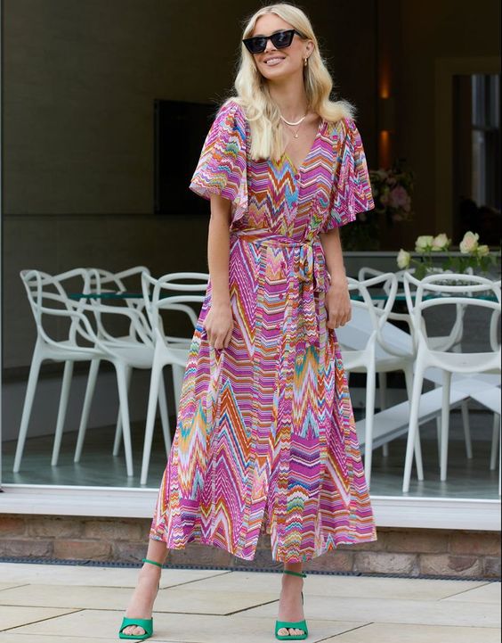 Pink Zig Zag Print Midi Dress