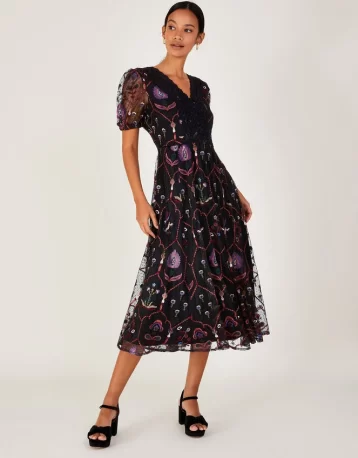 Monsoon Fenn embroidered midi dress in recycled polyester black