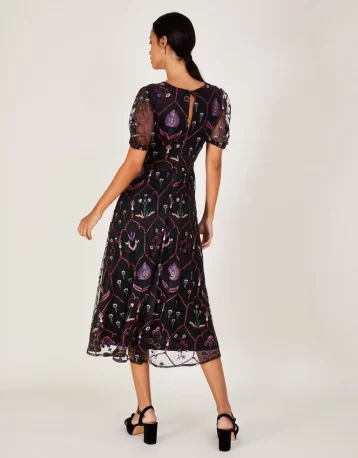 Monsoon Fenn embroidered midi dress in recycled polyester black