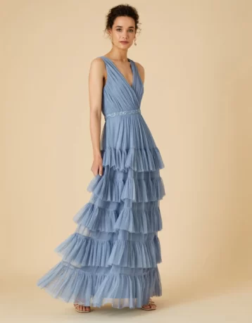 Monsoon Tilly tiered maxi bridesmaid dress in recycled blue