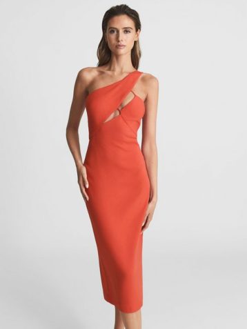 Reiss Elodie One Shoulder Bodycon Midi Dress Orange