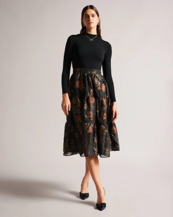 Ted Baker Audria Knit Bodice Dress With Tiered Midi Skirt Black multi