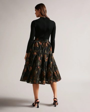 Ted Baker Audria Knit Bodice Dress With Tiered Midi Skirt Black multi