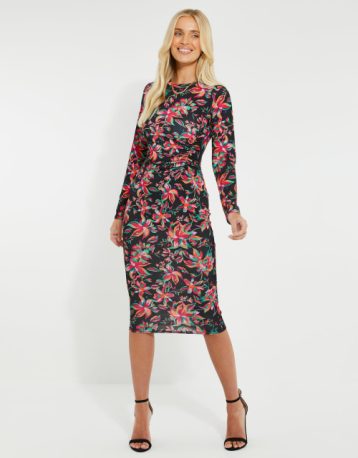 Threadbare Women's Black & Red Floral Ruched Midi Dress