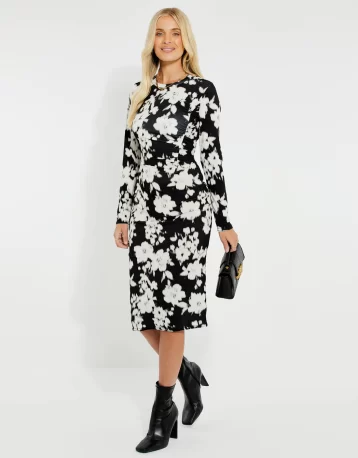 Threadbare Women's Black & White Floral Ruched Midi Dress