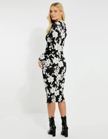 Threadbare Women's Black & White Floral Ruched Midi Dress