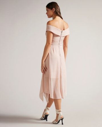 Ted Baker Edenio Bardot Midi Dress With Ruffle Skirt, Dusky Pink