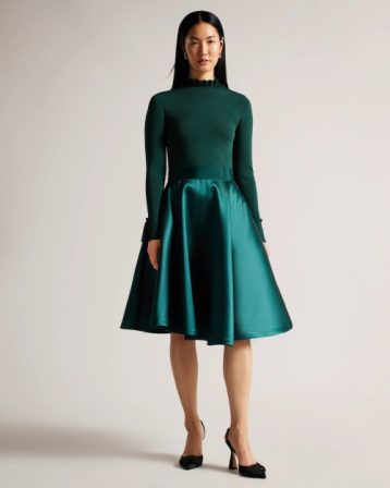 Ted Baker ZADI Frill neck full skirt dress Dark Green