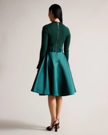 Ted Baker ZADI Frill neck full skirt dress Dark Green