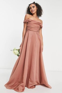 ASOS DESIGN Bridesmaid off shoulder maxi dress with full skirt and corset detail in rose