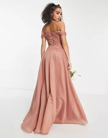 ASOS DESIGN Bridesmaid off shoulder maxi dress with full skirt and corset detail in rose