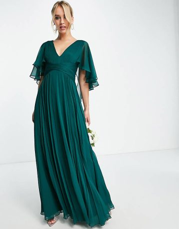 ASOS DESIGN Bridesmaid ruched bodice drape maxi dress with wrap waist and flutter cape sleeve in forest