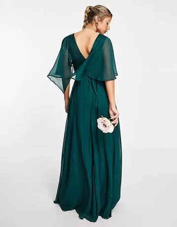 ASOS DESIGN Bridesmaid ruched bodice drape maxi dress with wrap waist and flutter cape sleeve in forest