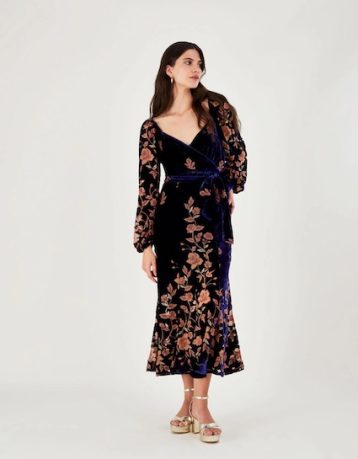 Monsoon Daphne devore velvet wrap dress blue multi