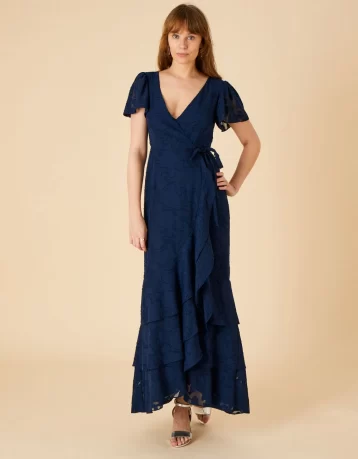 Monsoon Naomi frill wrap maxi dress navy blue