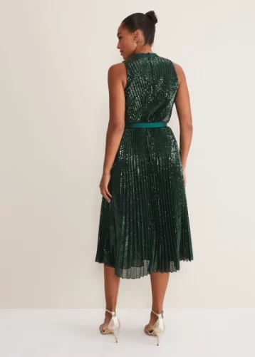 Phase Eight Simara Sequin Pleat Dress Green