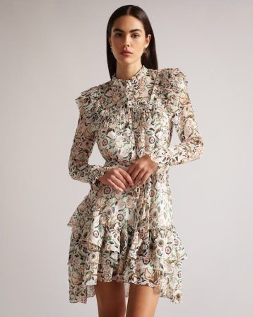 Ted Baker Aishia Ruffle Detail Mini Shirt Dress, Ivory/Multi