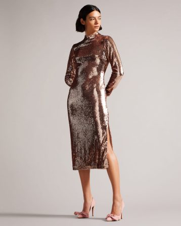 Ted Baker Brookly Long Sleeve Sequin Tube Dress Pale Pink Rose Gold