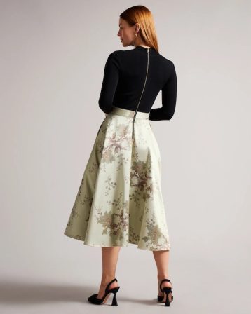 Ted Baker Zolah Midi Dress With Floral Full Skirt Green Multi