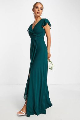 TFNC bridesmaid flutter sleeve ruffle detail maxi dress in emerald