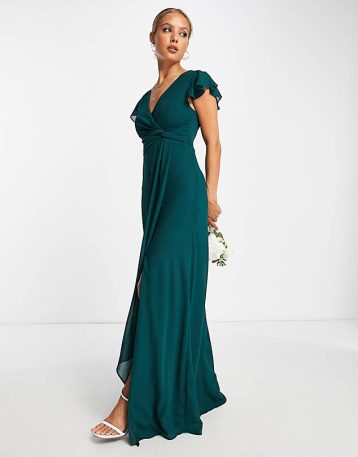 TFNC bridesmaid flutter sleeve ruffle detail maxi dress in emerald