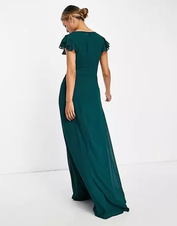 TFNC bridesmaid flutter sleeve ruffle detail maxi dress in emerald