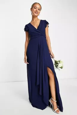 TFNC bridesmaid flutter sleeve ruffle detail maxi dress in navy