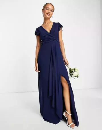 TFNC bridesmaid flutter sleeve ruffle detail maxi dress in navy