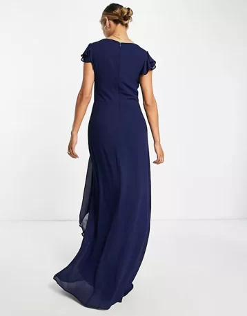 TFNC bridesmaid flutter sleeve ruffle detail maxi dress in navy