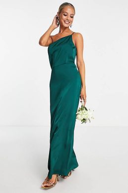 Vila Bridesmaid satin strappy one shoulder maxi dress in deep green