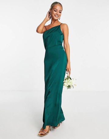 Vila Bridesmaid satin strappy one shoulder maxi dress in deep green