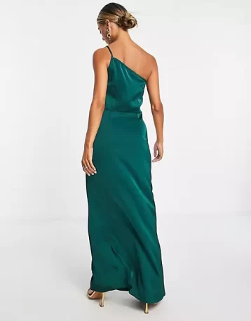 Vila Bridesmaid satin strappy one shoulder maxi dress in deep green