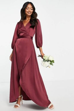 Y.A.S Bridesmaid satin wrap midi dress in burgundy red