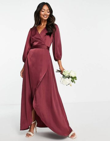 Y.A.S Bridesmaid satin wrap midi dress in burgundy red