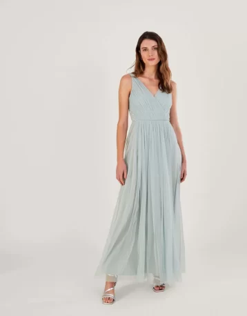 Monsoon Anne mesh maxi bridesmaid dress in recycled green