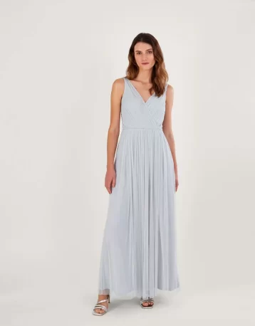 Monsoon Anne mesh maxi bridesmaid dress in recycled polyester silver